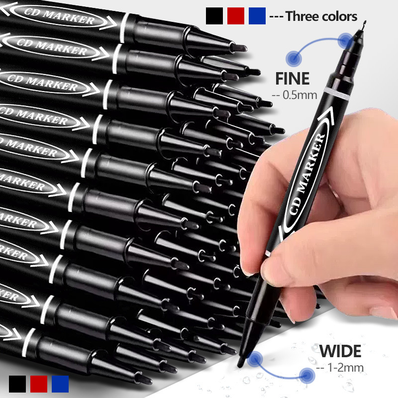 10Pcs/box Double-Ended Hook Line Pen Oil-Based Art Drawing Black Marker