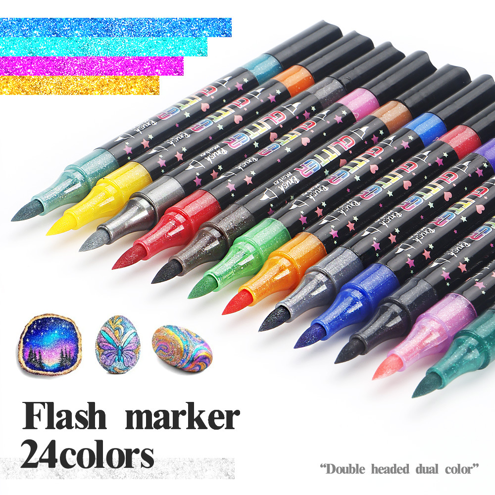 24Colors/box Acrylic Double-Ended Two-Color Glitter flash Marker Pen