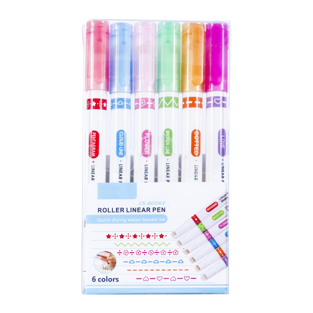 6pcs/box Multi-function double-headed roller pattern contour pen highlighter