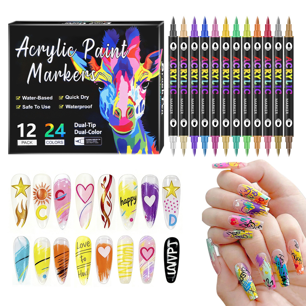 12pcs/box Double-Ended Two-Color Nail Art Graffiti DIY Quick-Dry Nail Marke Nail Pen