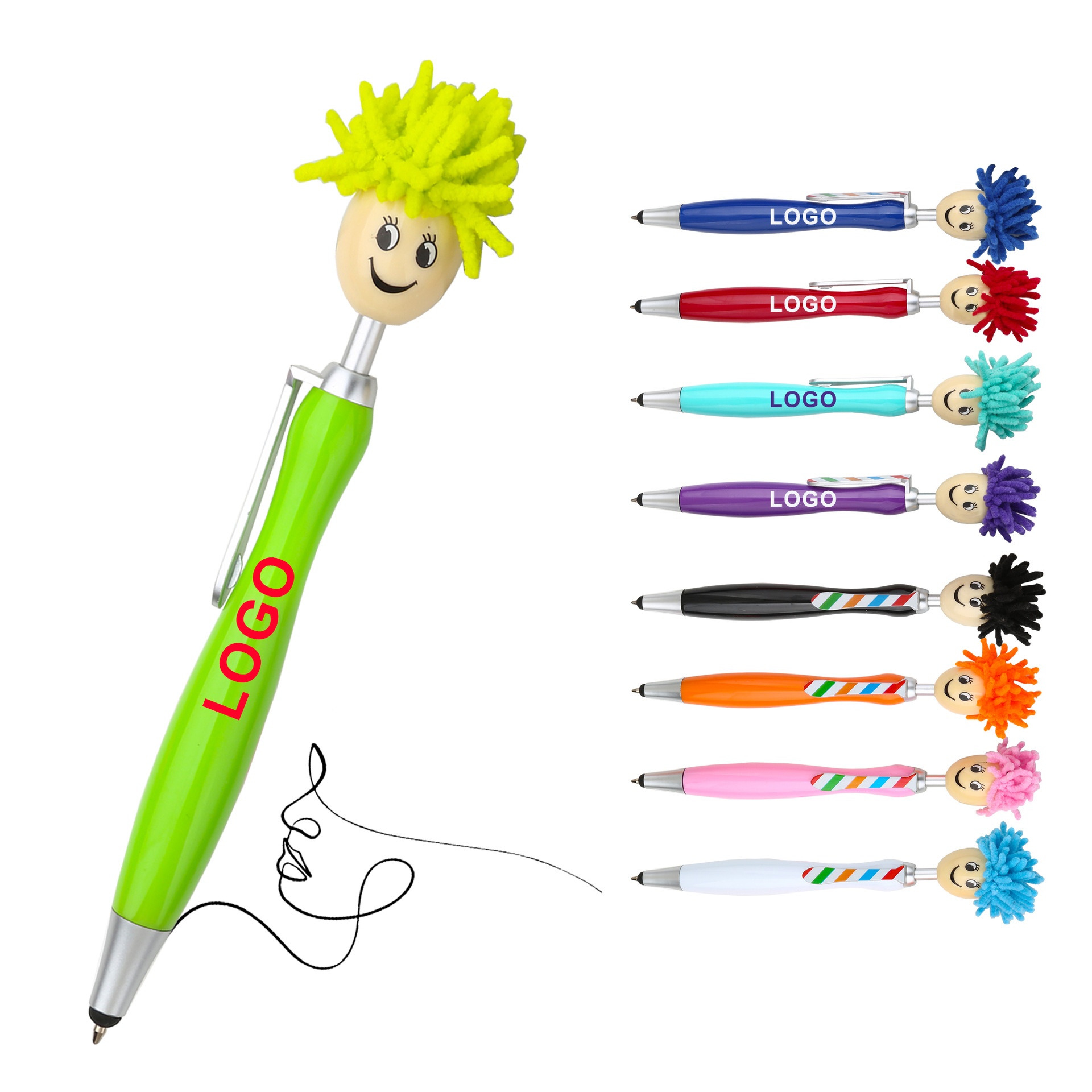 1pc Doll Head Plush Cartoon Hair Mop Smiley Face Portrait Fuzzy Touchscreen Ballpoint Pen