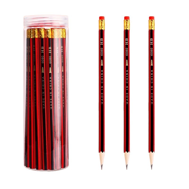 1pc students' pencils with eraser tips hexagonal natural wood HB red and black striped wrapped pencil