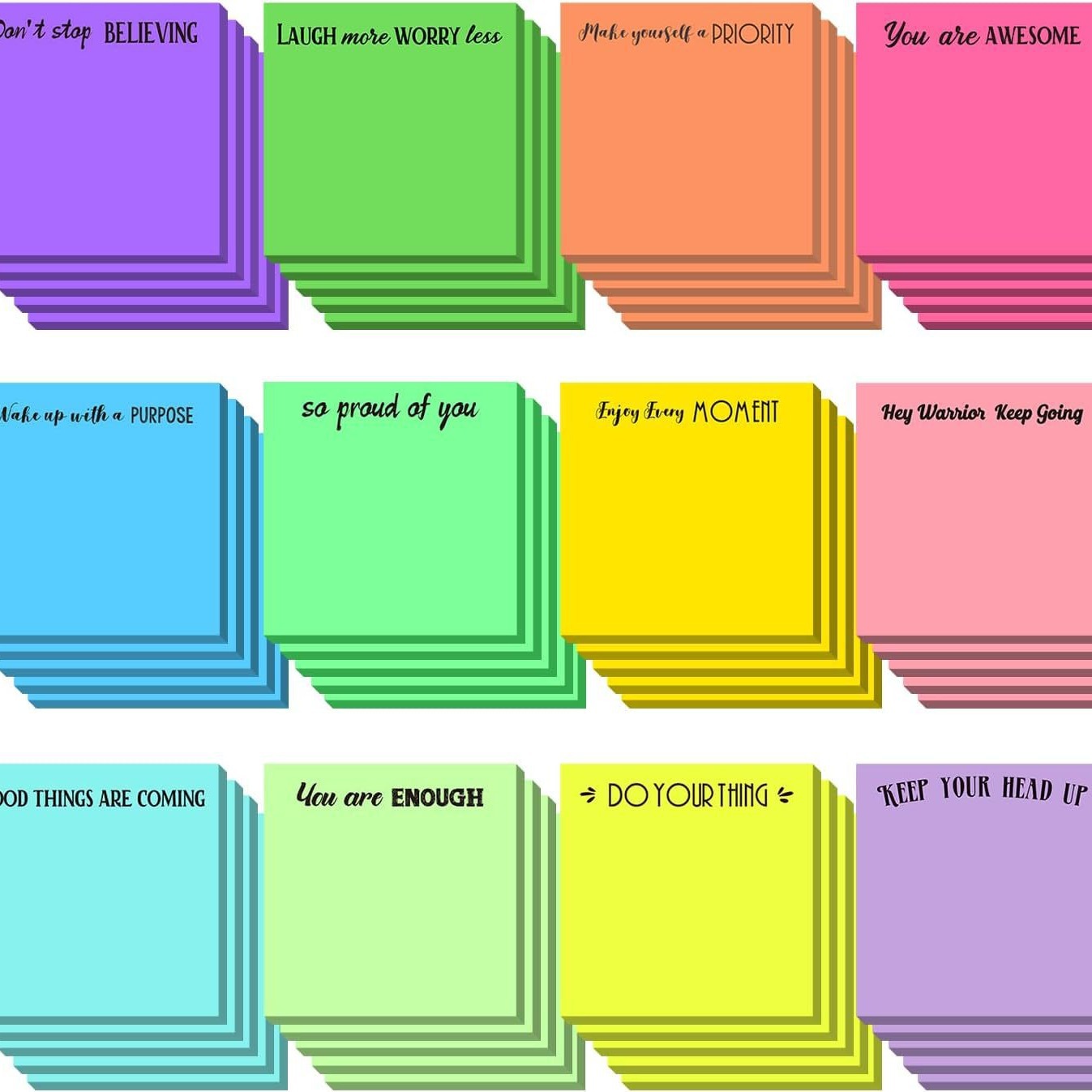 12pcs/set Multicolor Fluorescent Motivational Sticky Notes Stickable and Tearable Strong Adhesive