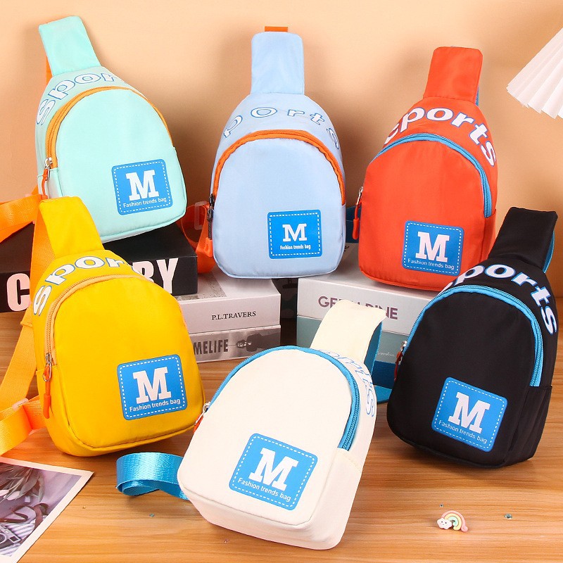 1pc Color-matched children's bags M-letter crossbody shoulder bag shoulder bag with logo printed backpack
