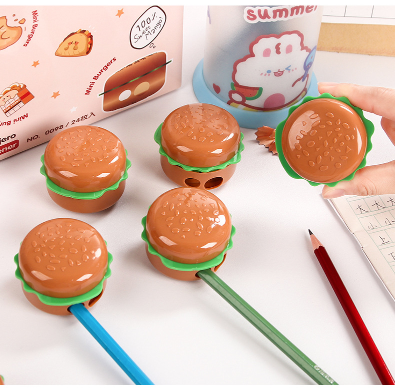 1pc Creative hamburger-shaped pencil sharpener cute double-hole student hand-held pencil sharpener for wholesale