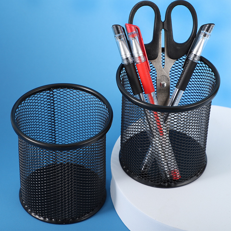 1pc Metal pen holder round black iron hollow desktop storage bucket multifunctional office and study student pen holders