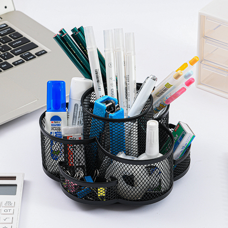 1pc Rotating plum-pattern iron mesh metal pen holder multifunctional student desktop pen holder study and office stationery wholesale