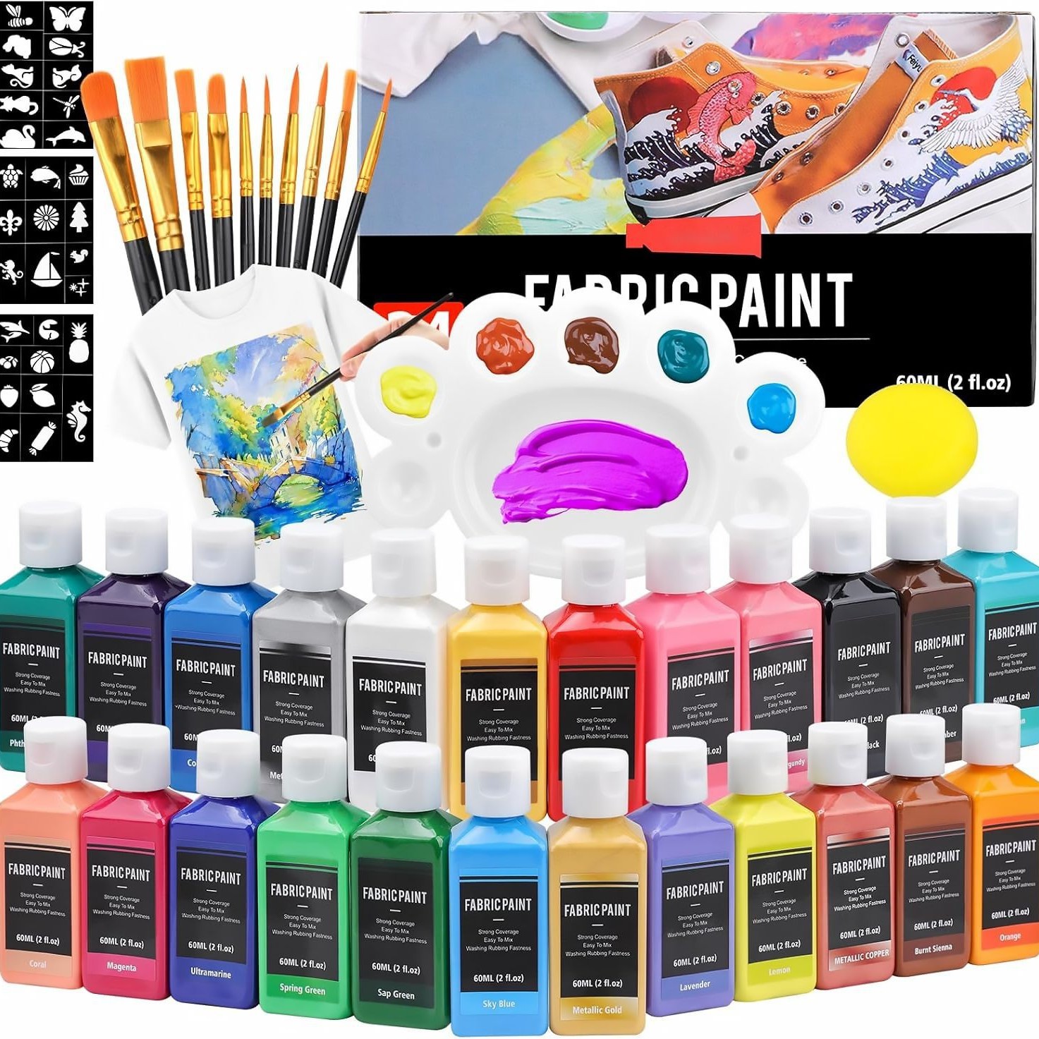 24-colors/set  60ml textile paint set for children DIY tie-dye and hand painting waterproof and colorfast
