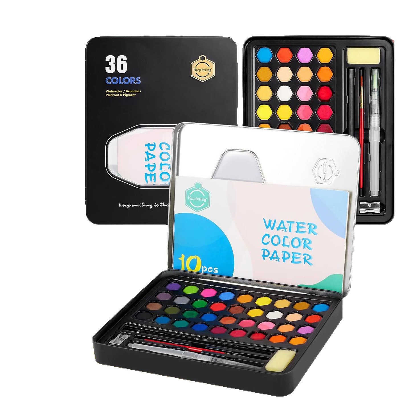 1set Solid Watercolor 36-Color Tin Box Student Paint Set Art Supplies with Water Brush Portable for Hand Painting
