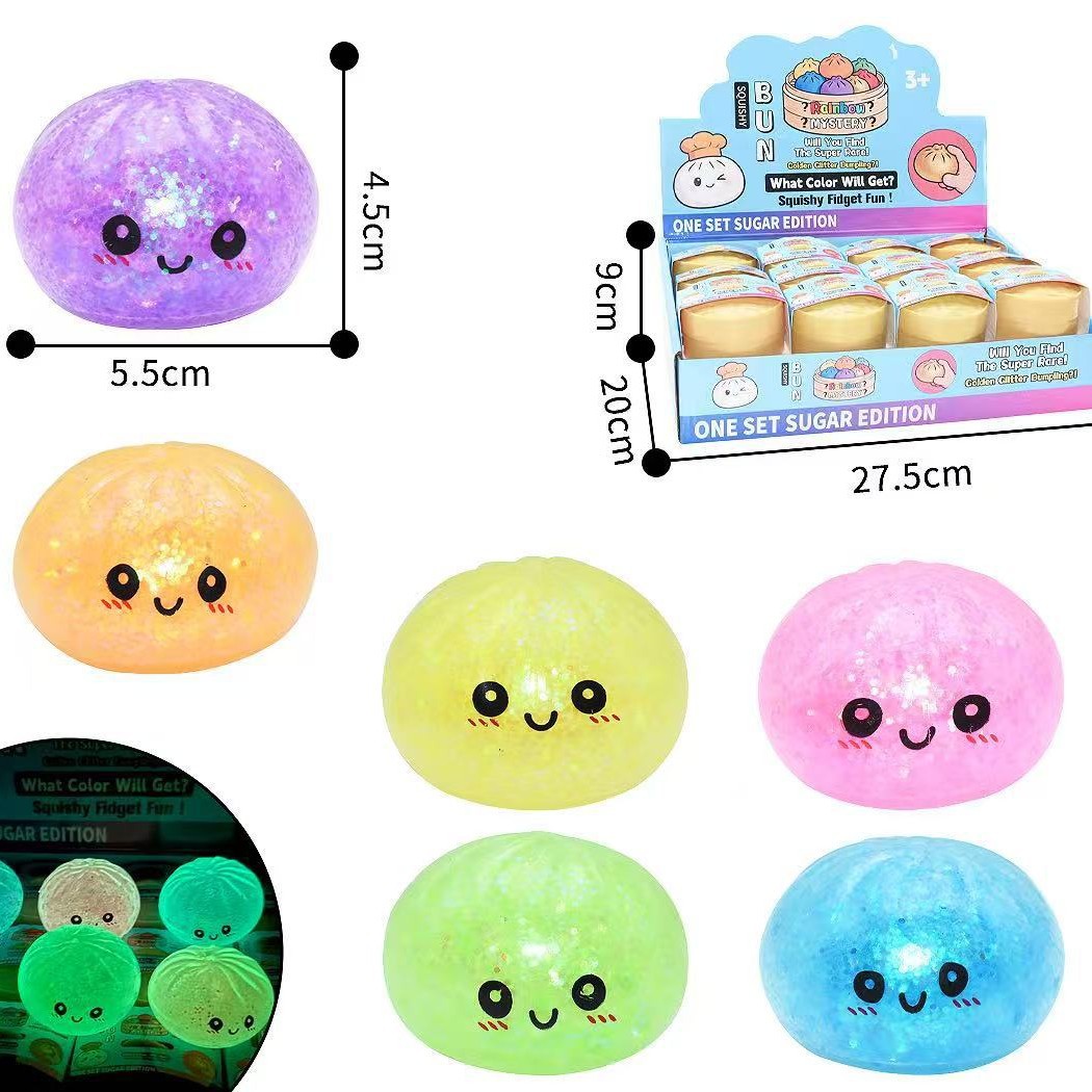 1pc Dumpling Squishies, Glitter Dumpling Mystery Box, Colorful Dumplings Luminous Stress Balls Fidget Sensory Toy, Stocking Stuffers with Food Steamer Stretchy Desk Toys